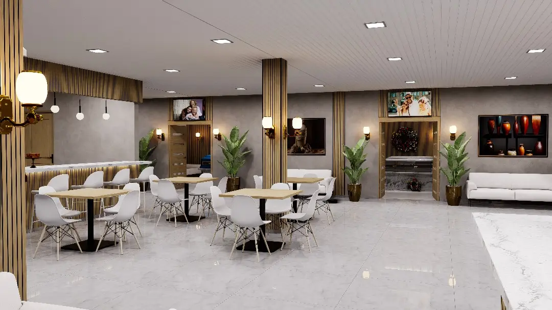Render de salón institucional con mesas, recepción y áreas de espera